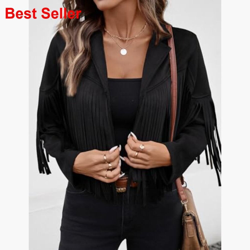 Faux Suede Leather Cropped Jacket with Fringe Tassel Sleeves and Lining - Picture 5 of 7